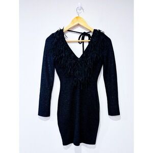 FLAMINGO Black Fringe V-Neck Open‎ Back Long Sleeve Mini Dress Small